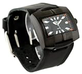Nemesis #HST060K Men's Black IP Square Premium Wide Leather Cuff Band Watch