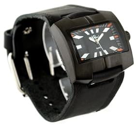 Nemesis #HST060K Men's Black IP Square Premium Wide Leather Cuff Band Watch