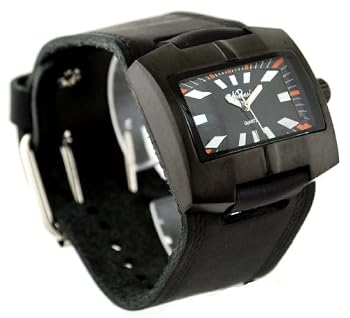 Nemesis #HST060K Men's Black IP Square Premium Wide Leather Cuff Band Watch