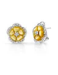 14K White Gold Channel Heart Petal Golden Pearl & Diamond Flower Earrings