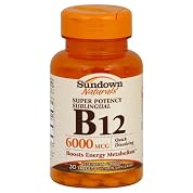 Sundown Naturals Vitamin B12, Super Potency, Sublingual, 6000 mcg, Tablets, 30 ct.