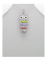 Owl Colored Enamel Pendant Necklace In 92.5 Sterling Silver