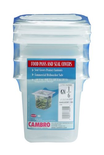 Cambro Set of 3 Translucent Food Pans and Seal Covers GN 1/6 Size, 6 Inch Deep