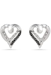Sterling Silver Black and White Round Diamond Heart Earrings (1/10 Cttw)