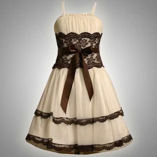 Bonnie Jean Girls 7-16 IVORY BROWN TIERED LACE MESH OVERLAY Special Occasion Wedding Flower Girl Holiday Pageant Party Dress Inexpensive Flowergirl Gowns