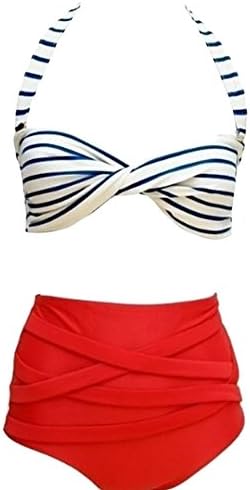 Taihexin Women's Vintage Neck Strap 2 Pieces Bikini Swimwear Swimsuits Red M