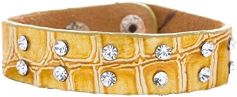 Crystalbella Crystal Studs Faux Alligator Leather Wristband Cuff Bracelet Snap Closure Yellow