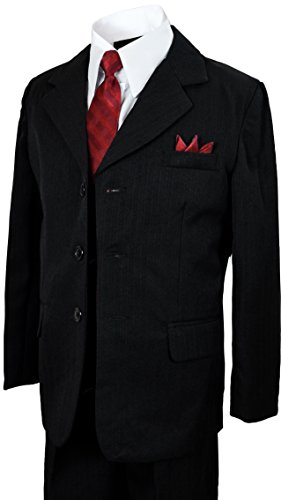 Boys Pinstripe Suit in Black with Matching Dark Red Burgundy Tie