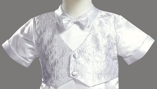 White Satin Christening Baptism Romper with Vest and Matching Hat
