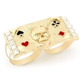 14k Gold Skull Cards Enamel 2 Finger Hip Hop mens ring
