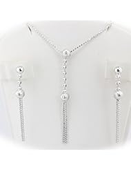 Rhodium Plated Sterling Silver Diamond Cut Moon Ball "Y" Tassel Ball Chain Necklace Italy Earrings