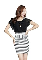 Striped Print Chiffon Peplum Lace Fitted Summer Mini Dress 