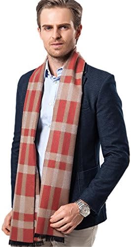 Men's Winter Super Soft Cashmere Feel Striped Plaid Check Long Scarf with Tassel