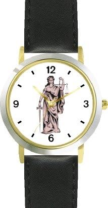 Statue of Justice: Blind-folded Holding Scales - WATCHBUDDY® DELUXE TWO-TONE THEME WATCH - Arabic Numbers - Black Leather Strap-Size-Children's Size-Small ( Boy's Size & Girl's Size )