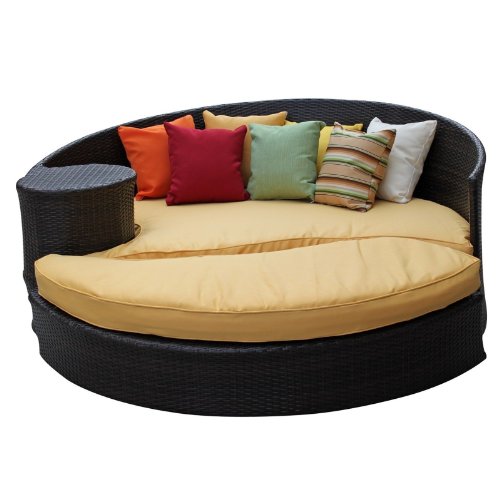 LexMod Taiji Outdoor Rattan Daybed with Ottoman, Brown with Orange Cushions
