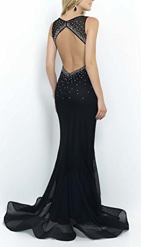 UniWedding Black Bateau Neckline Open Back Net Fitted Mermaid Evening Gown US 14