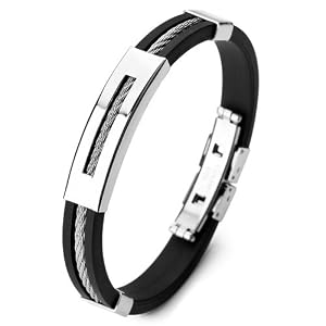 Justeel Homme Argent Inoxydable Acier Bracelet Bracelet Menotte Poignet Corde Noir Caoutchouc