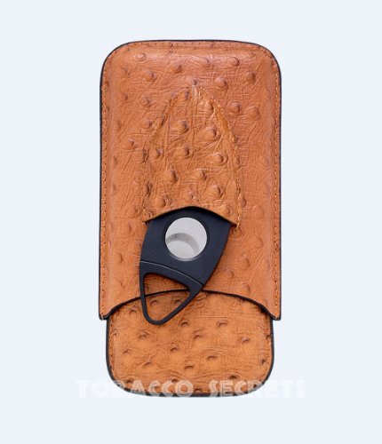 3 (Three) Finger Ostrich Embossed Leather Cigar Case w/ cutter
