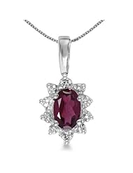 Birthstone Company 10k White Gold Oval Rhodolite Garnet And Diamond Pendant with 18" Chain