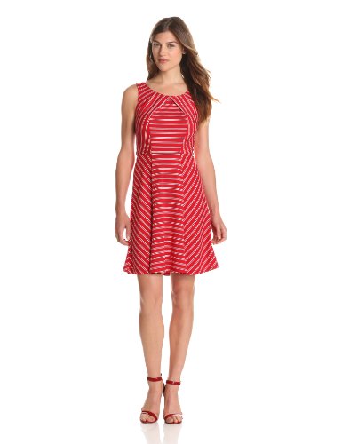 London Times Women's Sleeveless Striped A-Line Dress, Red/White, 8