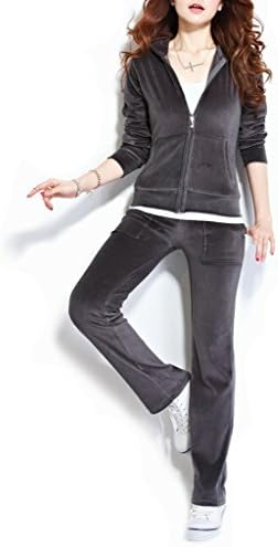 ReliBeauty Womens Pure Color Hood Velour Tracksuit Set Sports Jacket (XX-Large, Warm Grey)