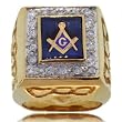 Mens Diamond Blue Lodge Masonic Ring in Solid 14K Yellow Gold