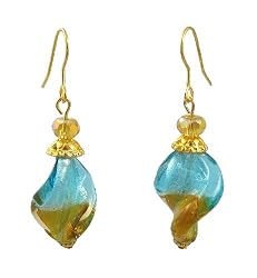 Earrings - E196 - Murano Style Glass - Twist ~ Aqua & Brown