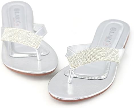 LARA's Women's Metallic Thong Flat Sandals Rhinestone Embellished Summer Dress Flip Flops Silver US 9.5