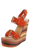 Olivia3 Wide Strap Striped Platform Wedges ORANGE
