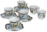 Yedi Houseware Classic Coffee and Tea Butterfly Espresso Cups and Saucers, Blue, Set of 6