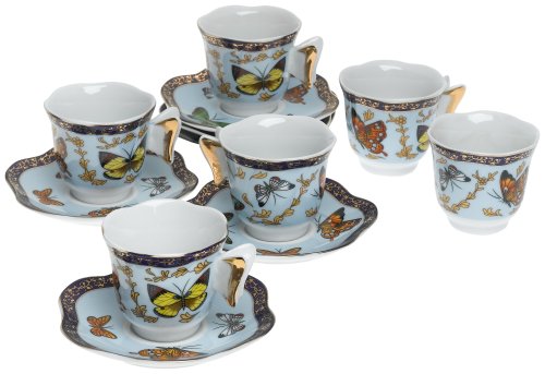 Yedi Houseware Classic Coffee and Tea Butterfly Espresso Cups and Saucers, Blue, Set of 6
