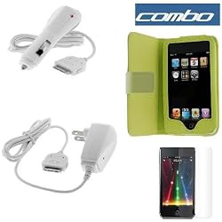 Premium Light Green Folio Wallet Leather Case + Premium Clear Durable Reusable LCD Screen Protector + Rapid Car Charger + Home Travel Charger for Apple Ipod Touch Itouch 8Gb 16GB 32Gb 2G 3G 2nd 3rd Generation