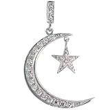 Sterling Silver Crescent Moon & Star Pendant w/ Pave CZ Stones, 1 7/16