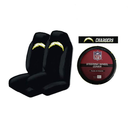 A Set of 2 Universal-Fit Front Bucket Style Seat Covers, and a Comfort Grip Steering Wheel Cover - San Diego Chargers