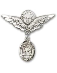 Sterling Silver Baby Badge with St. Walburga Charm and Angel with Wings Badge Pin