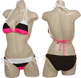 TRUE CRUSH Low-Rise Tricolor String Bikini [TC03-HB4/TC03-HT1], White/Black/Hot Pink