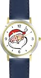 Santa Claus Face (Cartoon) Christmas Theme - WATCHBUDDY&reg; DELUXE TWO-TONE THEME WATCH - Arabic Numbers - Blue Leather Strap-Size-Large ( Men's Size or Jumbo Women's Size )