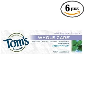 Tom's of Maine Natural Whole Care Anticavity & Tartar Control Plus Whitening Gel Fluoride Toothpaste, Peppermint, 5.5-Ounce Tubes (Pack of 6)