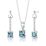 Sterling Silver 2.75 carats total weight Princess Cut Swiss Blue Topaz Pendant Earrings and 18 inch Necklace Set