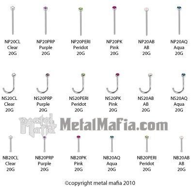 20G NOSE SCREWS, PINS AND BONES WITH PRESSED GEMS NP20CL - CLEAR PIN