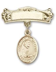 14K Gold Baby Badge with St. Pio of Pietrelcina Charm and Arched Polished Badge Pin