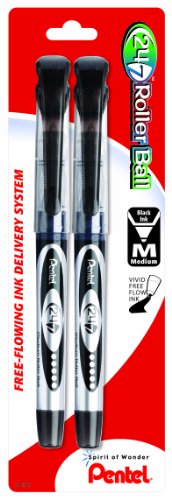 Pentel 24/7 Roller Ball Pen Medium Line, Black Ink, 2 Pack (BLD97BP2A)