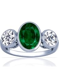 18K White Gold Oval Cut Emerald Three Stone Ring