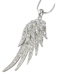 Beautiful 1-3/4" Crystal Embellished Single Angel Wing Necklace - Silver Tone Rhodium Plated