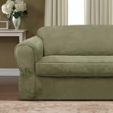 Piped Faux Suede Separate Seat Sofa Slipcover in Sage