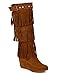 Nature Breeze BD05 Women Suede Fringe Studded Moccasin Knee High Wedge Boot - Tan