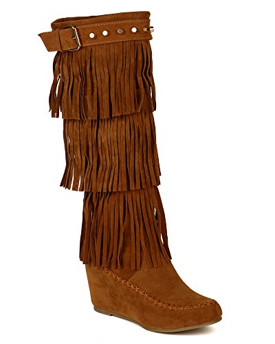 Nature Breeze BD05 Women Suede Fringe Studded Moccasin Knee High Wedge Boot - Tan