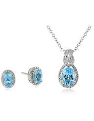 Sterling Silver Blue Topaz and Diamond Pendant Necklace, Earrings Oval Box Set