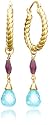 14k Yellow Gold Electroform Rope Design Hoop Earrings w/ Blue Topaz and Rhodolite Garnet Drops