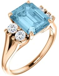 18K Rose Gold 10.00x8.00mm Emerald Cut Aquamarine and Diamond Ring -- LIFETIME WARRANTY